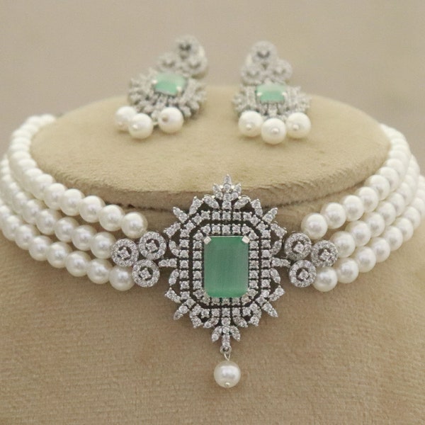 Mint Green Diamonds Choker Necklace Set, Choker Indian Bridal Jewelry, High Quality Pearls Necklace Set, Green Choker Necklace Set