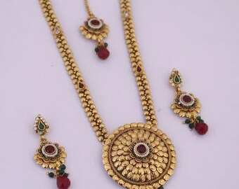 Antique Gold Long Necklace Jhumka Set 