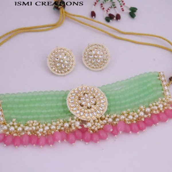 Mint Green Kundan Choker Beads Necklace Studs Set, Kundan Designer Necklace Set, Necklace With Earrings Statement Jewelry Pearls Jewelry