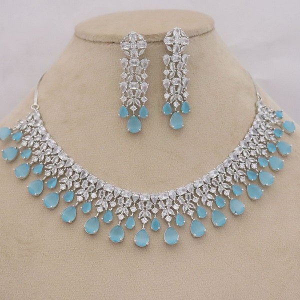 Blue Zircon Necklace Earrings, Aquamarine Necklace Earrings, Indian Women CZ Diamonds Necklace, Party Wear CZ Necklace Rakhi Gift for Sister