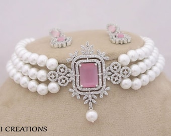 Collar de gargantilla de diamantes CZ, novia india de gargantilla rosa, collar de perlas de alta calidad, regalo Rakhi para la fiesta india hermana usar gargantilla de mujeres