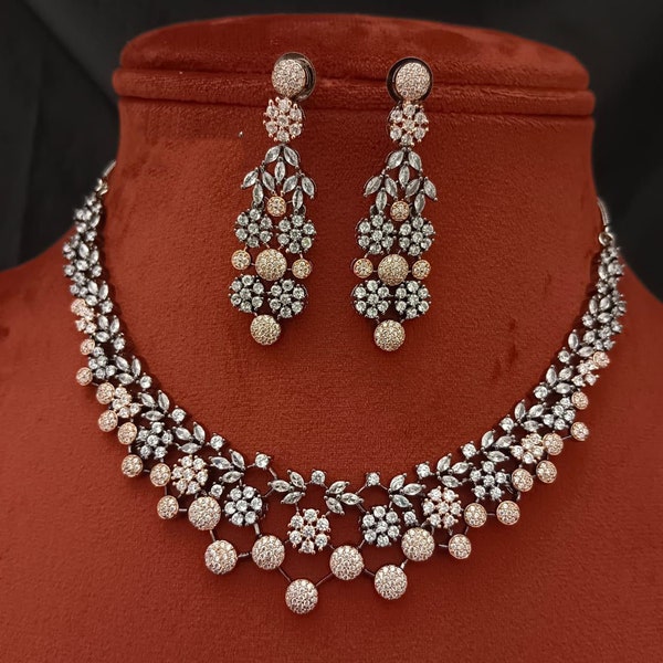 Ensemble de bijoux en or rose pour femme avec collier/Ensemble de boucles d'oreilles avec diamants CZ finition antique/Bijoux de mariée Bollywood/Collier de mariage