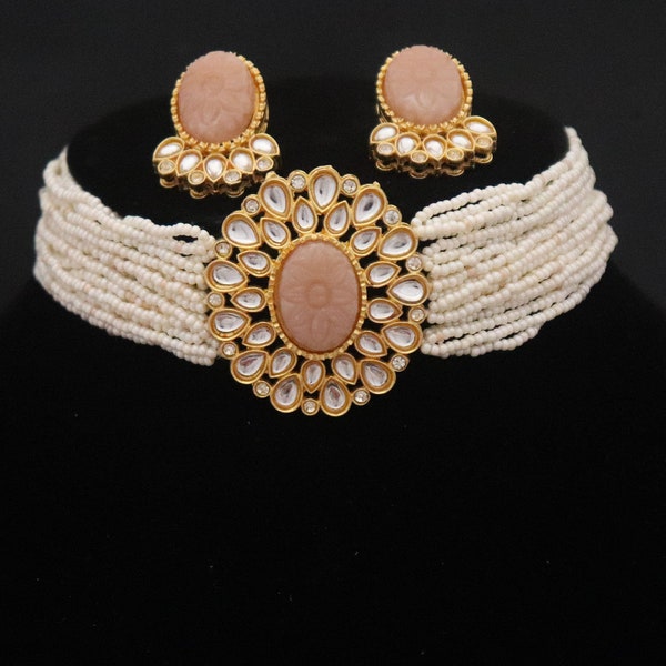 Pink Bridal Choker Necklace Earring/ Indian Pearls Kundan Choker Necklace Studs/ Indian Wedding Jewelry/Sari Jewelry, June Gift for Sister