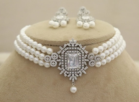 Bridal CZ Diamonds Choker Necklace Set, Choker Indian Bridal