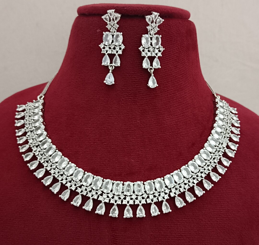 Bridal Necklace and Earrings Set/ White CZ Faux Diamonds Necklace