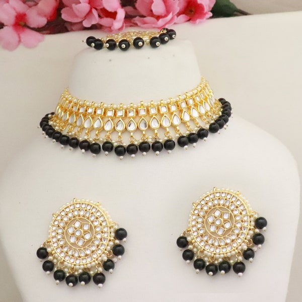 Gold Plated Kundan Jewelry Choker Necklace Earrings Tikka/ Red Necklace Set/ Purple Necklace Set/ Turquoise Necklace Set/ Kundan Choker Set
