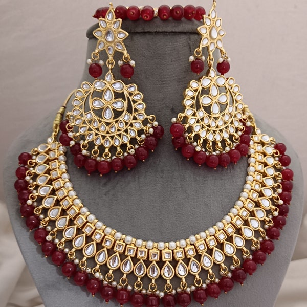 Indian Maroon Necklace Earrings Tikka Jewelry Set, Bridal Handmade Set, Pakistani Necklace, Ismi Creations Kundan Necklace Earrings Tikka