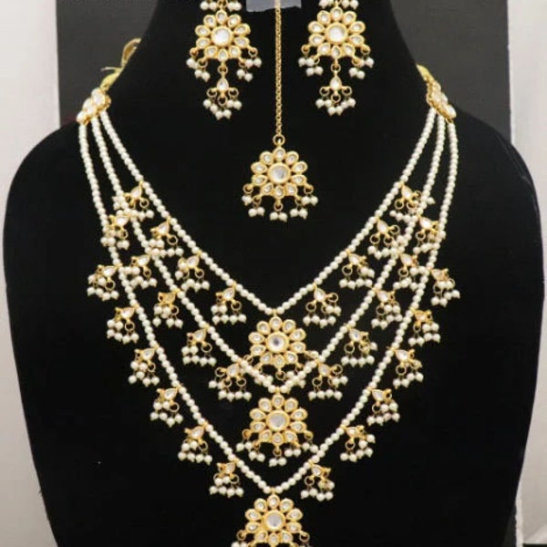 Indian Handmade Kundan Necklace Set, Tahmina Kundan Long Necklace Earrings Tikka Pearls Jewelry 3 Layers Gold Plated