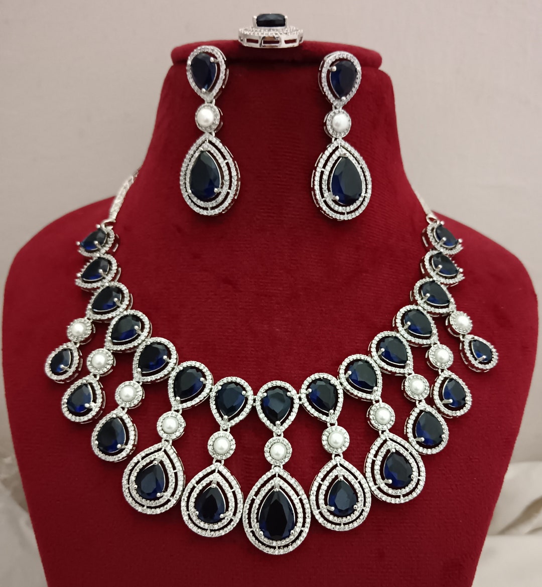 Indian Bridal Blue Sapphire Necklace Earrings Tikka Set CZ - Etsy
