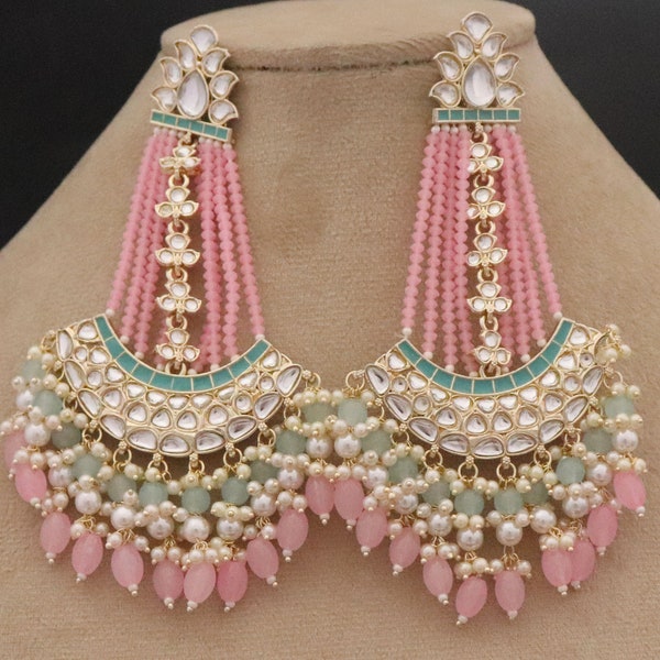 Designer Pink Jhumka Earrings Gold Tone Set, Indian Pearls Party Wear Wedding Jewellery, Bridal Earrings June Set, Bridesmaid Jewelry Gift