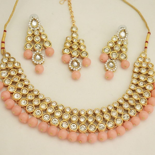 Gold Plated Peach Necklace Earrings Tikka Jewelry Set/ Indian Bridal Necklace Jewelry Set/ Party Wear Crystal Necklace Set/ ISMI CREATIONS