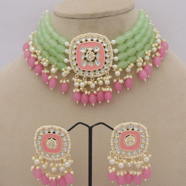 Mint Green Pink Designer Kundan Choker Beads Necklace Studs, Kundan Necklace Set, Necklace Earrings Statement Jewelry Pearls ISMI CREATIONS