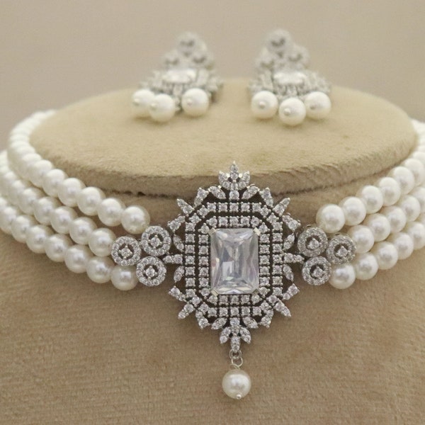 Bridal CZ Diamonds Choker Necklace Set, Choker Indian Bridal Jewelry, High Quality Pearls Necklace Set, White Crystal Choker Necklace Set