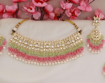 Kundan Jewelry Set/ Mint Green Beads Choker Necklace Earrings Tikka/ Indian Jewelry/ Pakistani Jewelry Set/ Sabyasachi Inspired Jewelry Set