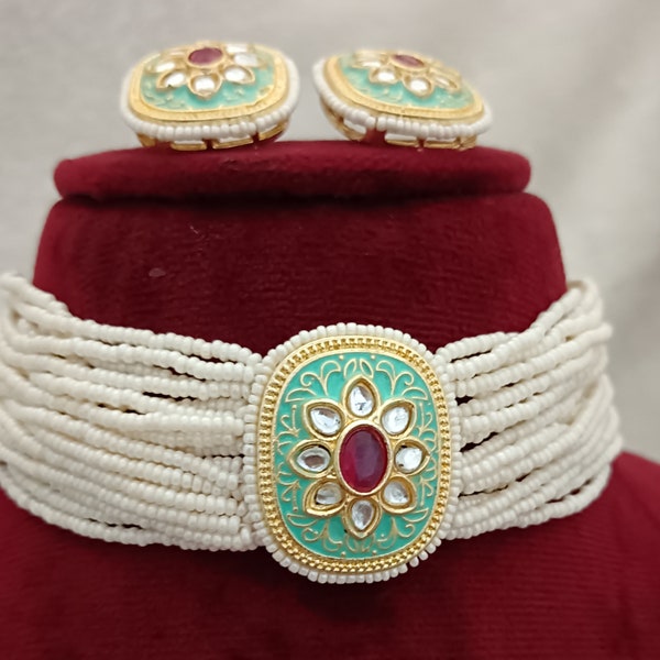 Turquoise Bridal Choker Necklace Earring Set/ Indian Pearls Mehendi Choker Necklace Studs Set/ Indian Wedding Jewelry Set/ Sari Jewelry Set