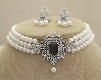 Conjunto de collar de gargantilla de diamantes de piedra negra, joyería nupcial india de gargantilla, conjunto de collar de perlas de alta calidad, conjunto de collar de gargantilla de perlas