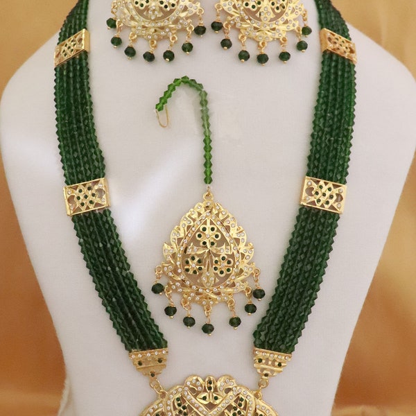 Bridal Jadau Rani haar Necklace Earrings Tikka Set/ Hyderabadi Green Beads Necklace Jewelry Set/ Indian Women Long Necklace/ ISMI CREATIONS