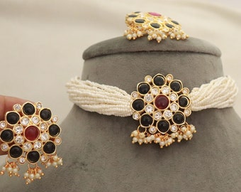 Black Stones Bridal Choker Necklace Earrings/ Indian Pearls CZ Choker Necklace Studs Set/ Indian Wedding Jewelry Set/ Boho Jewelry