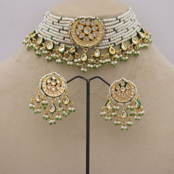 Trendy Kundan Choker Necklace Earrings, Pearls Choker Traditional Wedding Jewelry, Sabyasachi Inspired Jewelry, Sabyasachi Jewelry Set