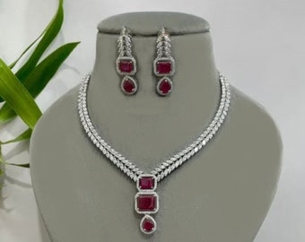 White Rhodium Finish CZ Diamonds Necklace Earrings Set/ Ruby Women Necklace Earrings Jewelry/ Indian Bridal Jewelry/ Crystal Necklace Set