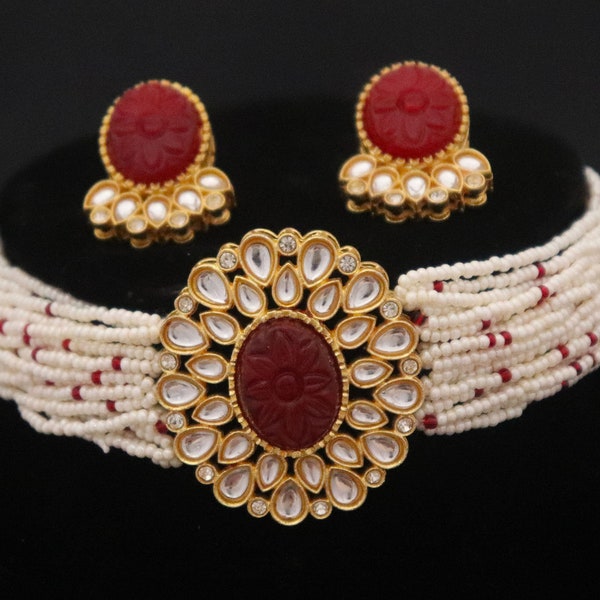 Red Bridal Choker Necklace Earring Set/ Indian Pearls ruby Choker Necklace Studs Set/ Indian Wedding Jewelry Set/ Sari Jewelry Set