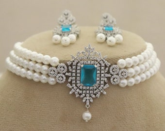 Ensemble de collier ras de cou en argent et diamants turquoise, bijoux de mariée indiens, ensemble de colliers de perles de haute qualité, ensemble de colliers ras du cou bleus