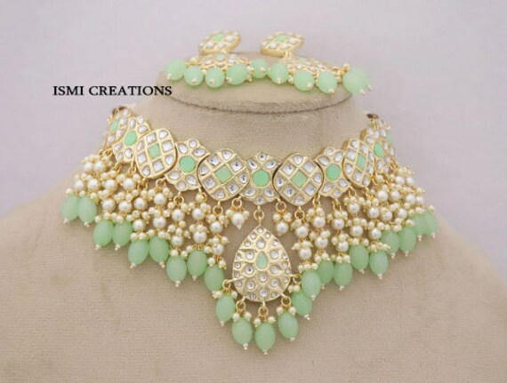 Kundan Choker Necklace Studs Set Mint 