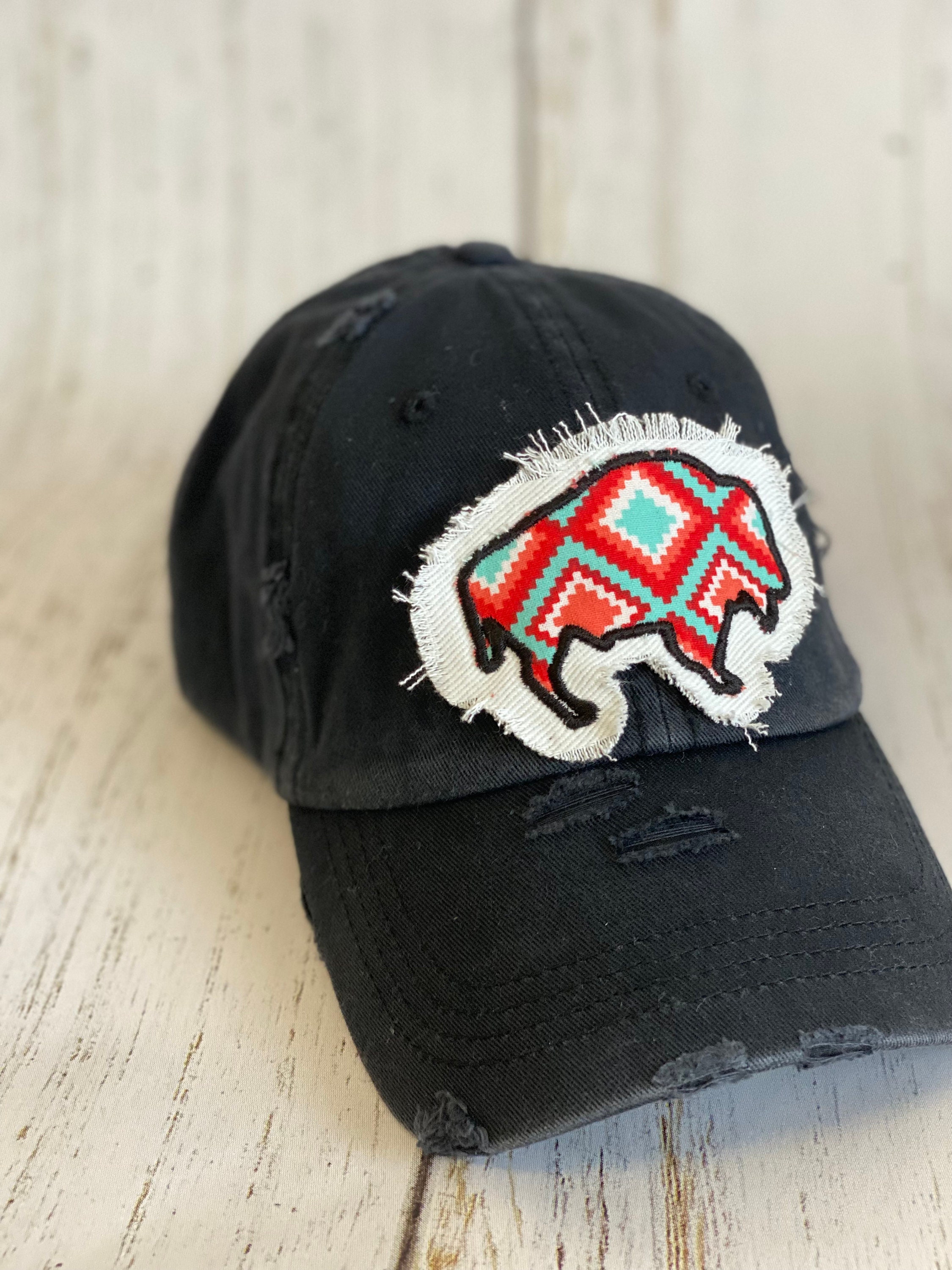 Embroidered Distressed Bison Hat. Ponytail Hat. Bison Etsy
