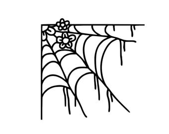 Può includere: Grafica angolare in bianco e nero con un design a ragnatela con due fiori nell'angolo superiore. La ragnatela ha linee curve e accenti gocciolanti, perfetta per Halloween o creazioni a tema spettrale.
