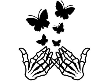 Skeleton Hands with Butterflies - Car Decal: Permanent Vinyl Sticker