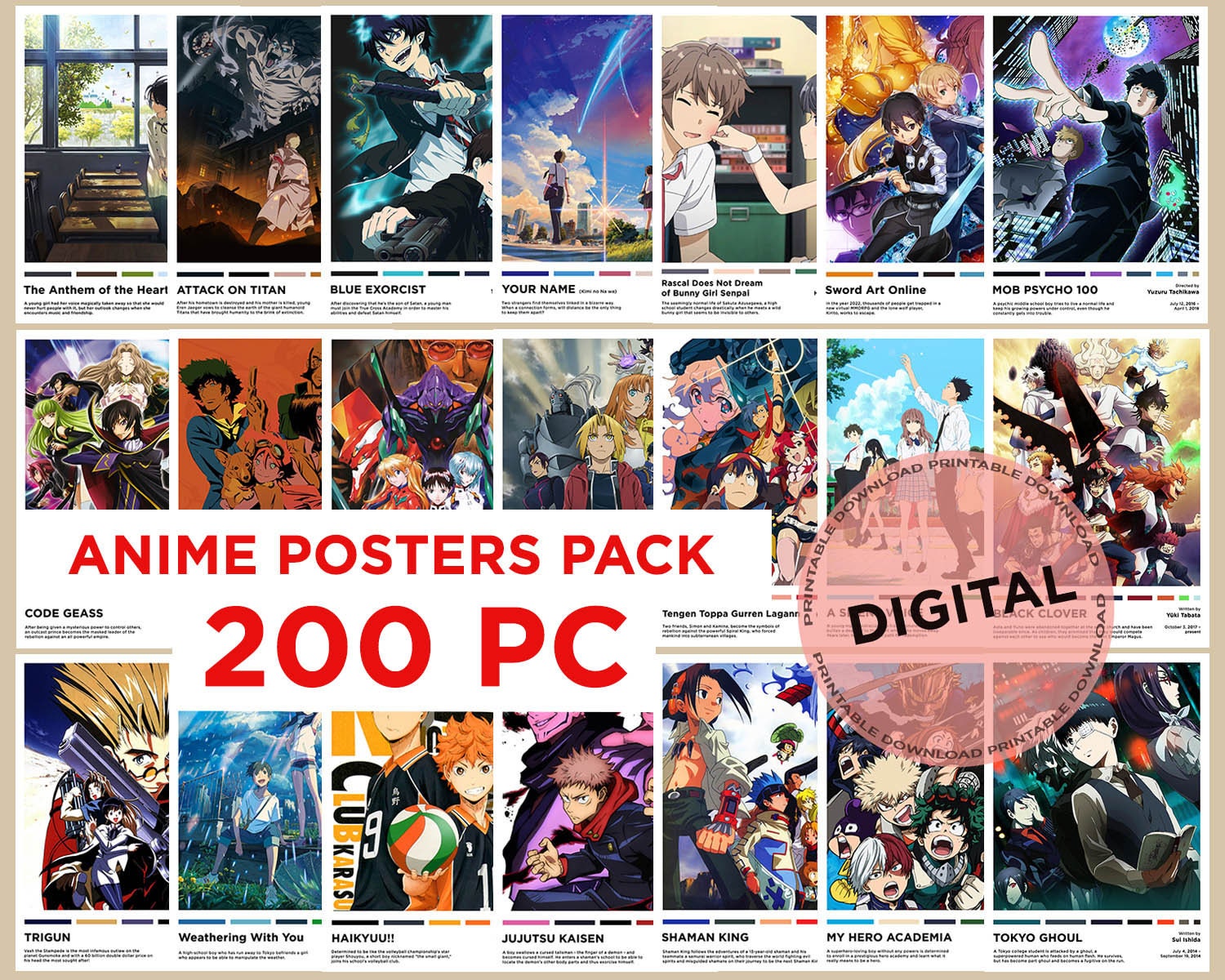 Anime Posters Pack Anime Prints Set 200 Minimalist Art | Etsy