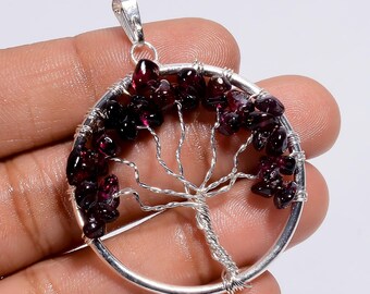 Handgemachter Rhodolith Granat Baum Anhänger, Sterling Silber Draht Eingewickelter Edelstein Schmuck