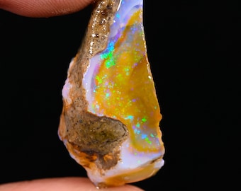 May include: A rough opal gemstone with a vibrant display of colors. The stone features a mix of yellow, green, blue, and purple hues, with a brown matrix. The opal is held between fingers, showcasing its natural, unpolished state.