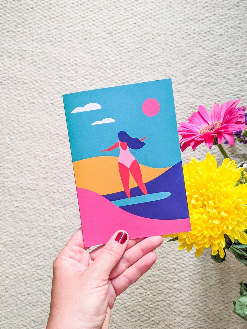 Surfer Girl Greeting Card Blank inside Cards for friends A6 image 2