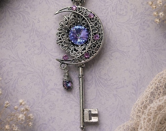 Celestial Moon Key Necklace – Fantasy Fairycore Jewelry with Swarovski Crystals