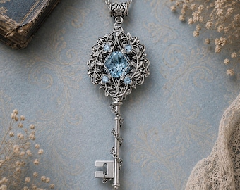 Aquamarine Fantasy Key Necklace – Elven Fairycore Swarovski Crystal Jewelry