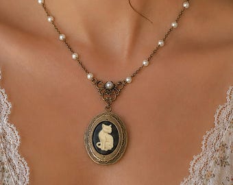 Vintage Cat Cameo Pearl Locket Necklace: Pet Keepsake Memorial Jewelry