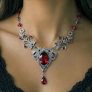 Vintage Scarlet Swarovski Crystal Necklace: Gothic Vampire Jewelry with Optional Earrings