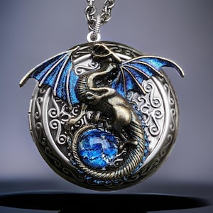 Unique Large Bronze Dragon Locket Necklace with blue opal, Fantasy jewelry, Gothic jewelry, Dragon Lover Gift