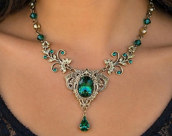 Vintage Emerald Swarovski Crystal Necklace with optional Earrings: Elven Floral Jewelry Set