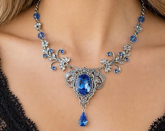 Vintage Sterling Silver Floral Swarovski Sapphire Crystal Necklace Earrings Set, Elven Fairycore Bridal Jewelry