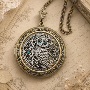 Owl Moon Locket Necklace: Emerald Swarovski Crystals, Celestial Jewelry