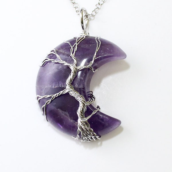 Natural Amethyst Crescent Moon Tree of Life Wire Wrapped Stone Necklace, Amethyst Healing Stone Jewelry, Hippie Jewelry