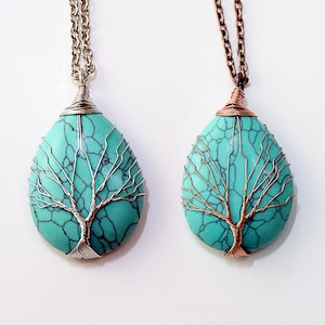 Turquoise Tree of Life Necklace: Wire Wrapped Pear Stone Pendant