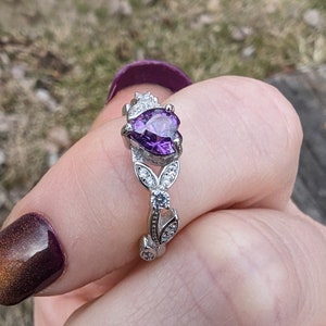 White Gold 925 Sterling Silver Amethyst Cubic Zirconia Crystal Heart Ring, Amethyst Jewelry, Heart Promise or Engagement Ring