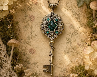 Emerald Swarovski Crystal Key Necklace – Elven Fairycore Fantasy Jewelry