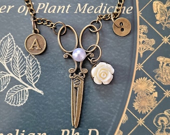 Vintage Scissors Necklace with Personalized Initial, Sewing Jewelry, Gift for Sewers, Steampunk Jewelry, Monogram jewelry