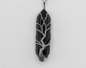 Natuurlijke zwarte obsidiaan levensboom draad verpakt stenen ketting, gotische sieraden, hippie sieraden, draad verpakt sieraden, obsidiaan sieraden cadeau