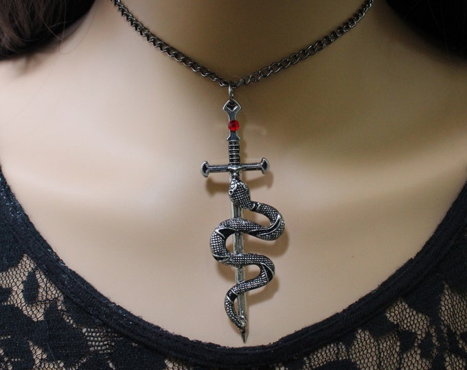 Gothic Silver Snake on Sword with Red Rhinestone Corded Necklace, Fantasy Jewelry, Goth Jewelry, Man Jewelry