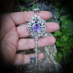 Sterling Silver Elven Floral Fantasy Key Necklace made with Swarovski crystals, Fantasy Jewelry, Magical Jewelry